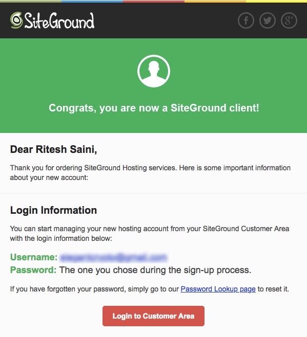 SiteGround Purchase Notification
