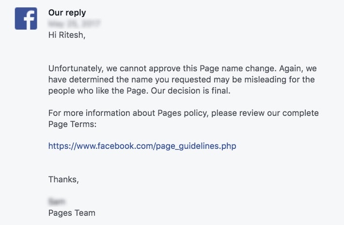 Facebook Page Name Change Appeal