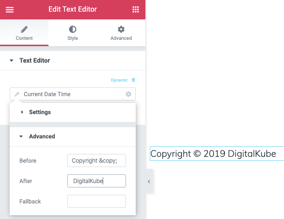 Elementor Text Editor Copyright Text