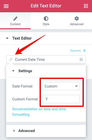 Elementor Text Editor Custom Date