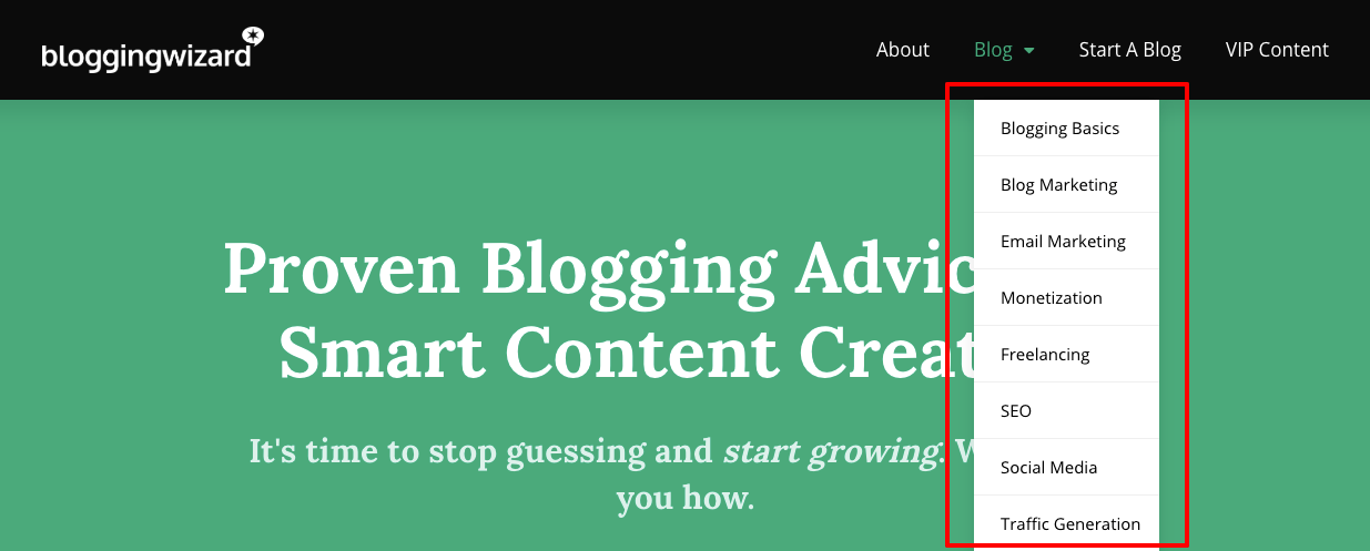 List categories in menu
