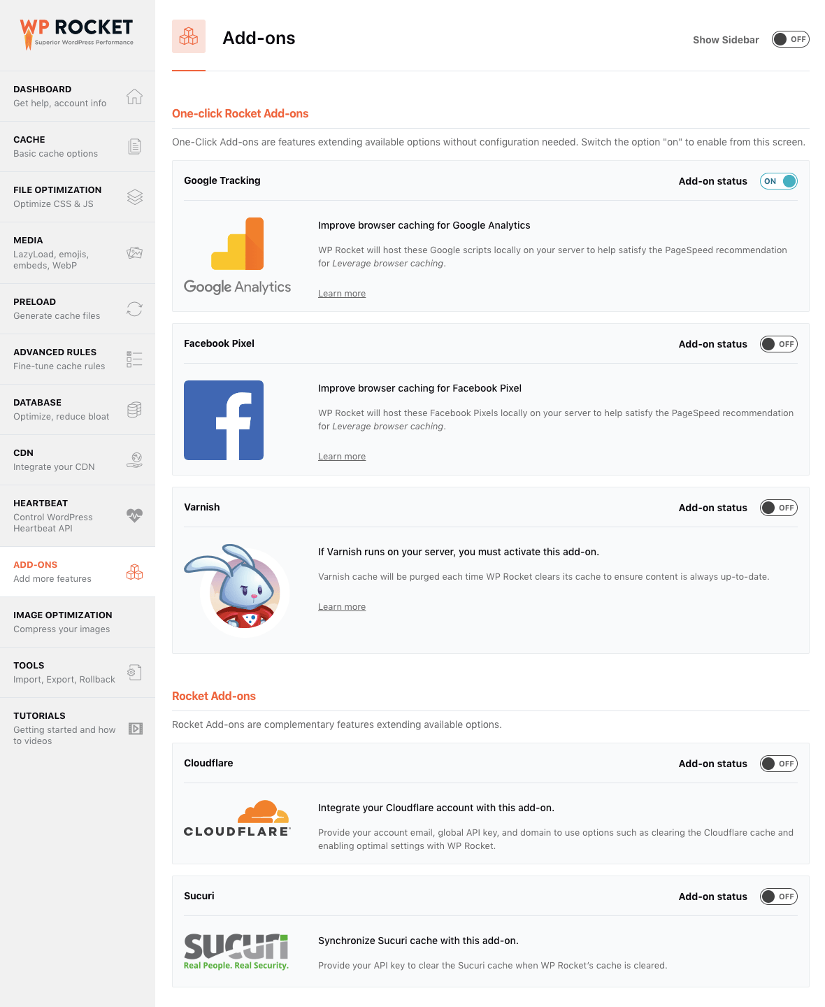 WP Rocket Add-ons Settings
