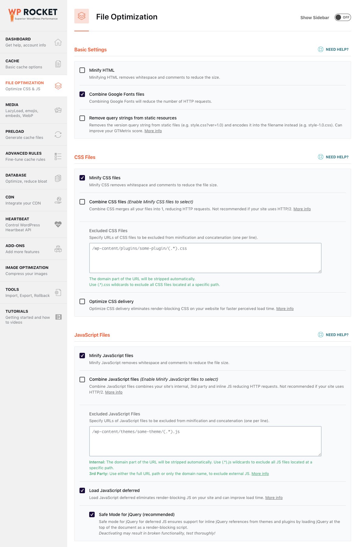 WP Rocket File Optimization Settings