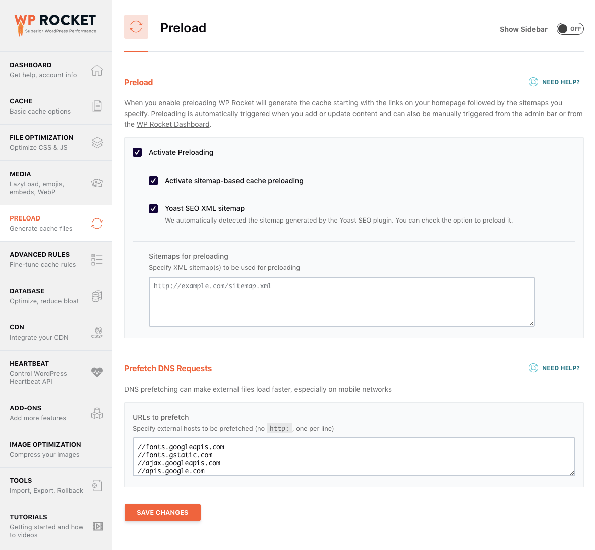 WP Rocket Preload Settings