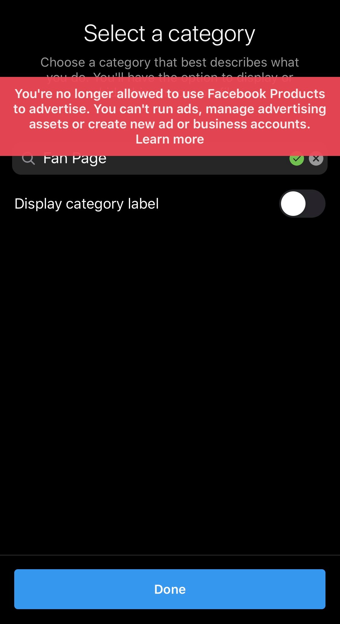 Instagram Professional Account Switching Error