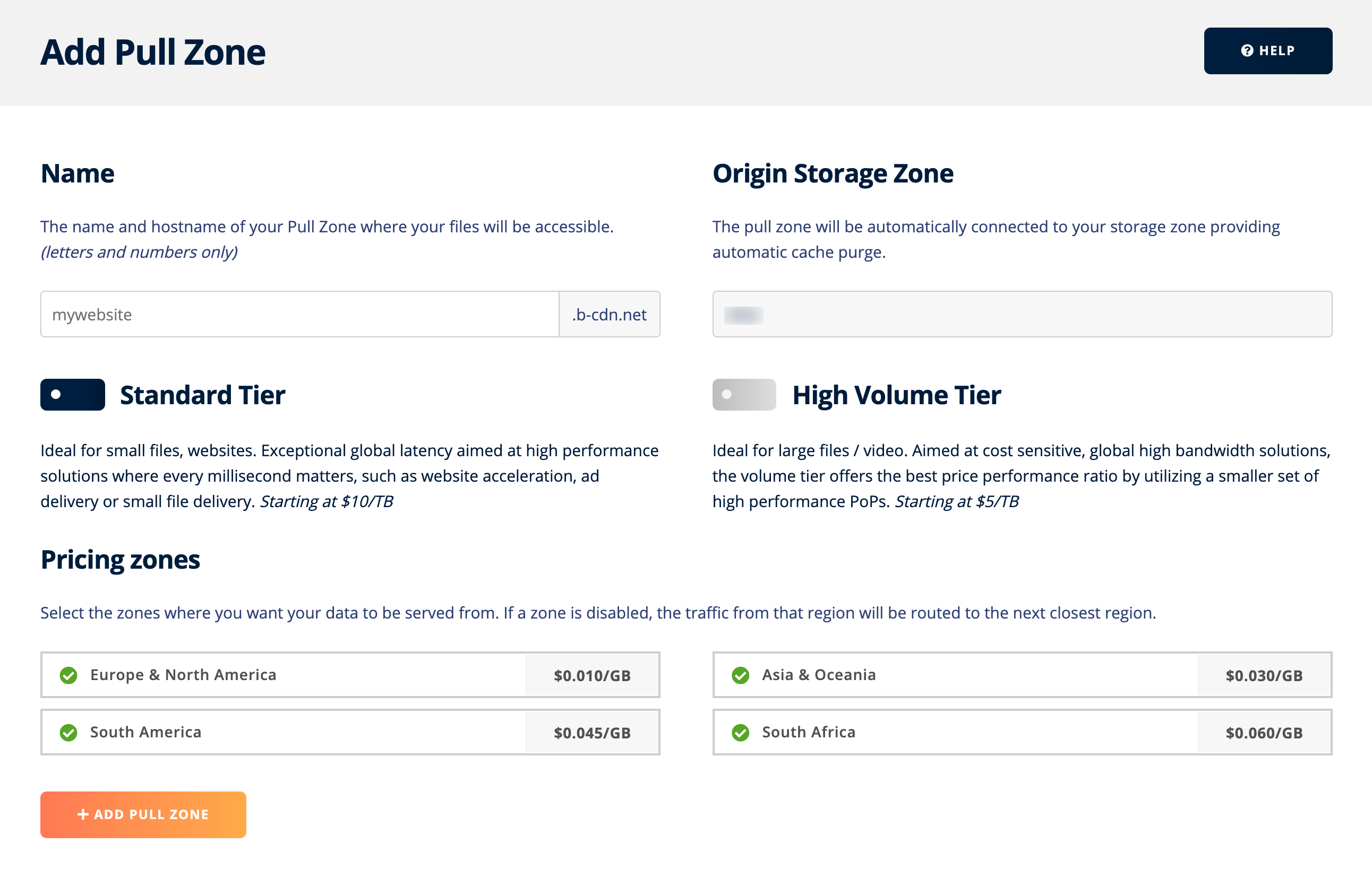 BunnyCDN Add Pull Zone