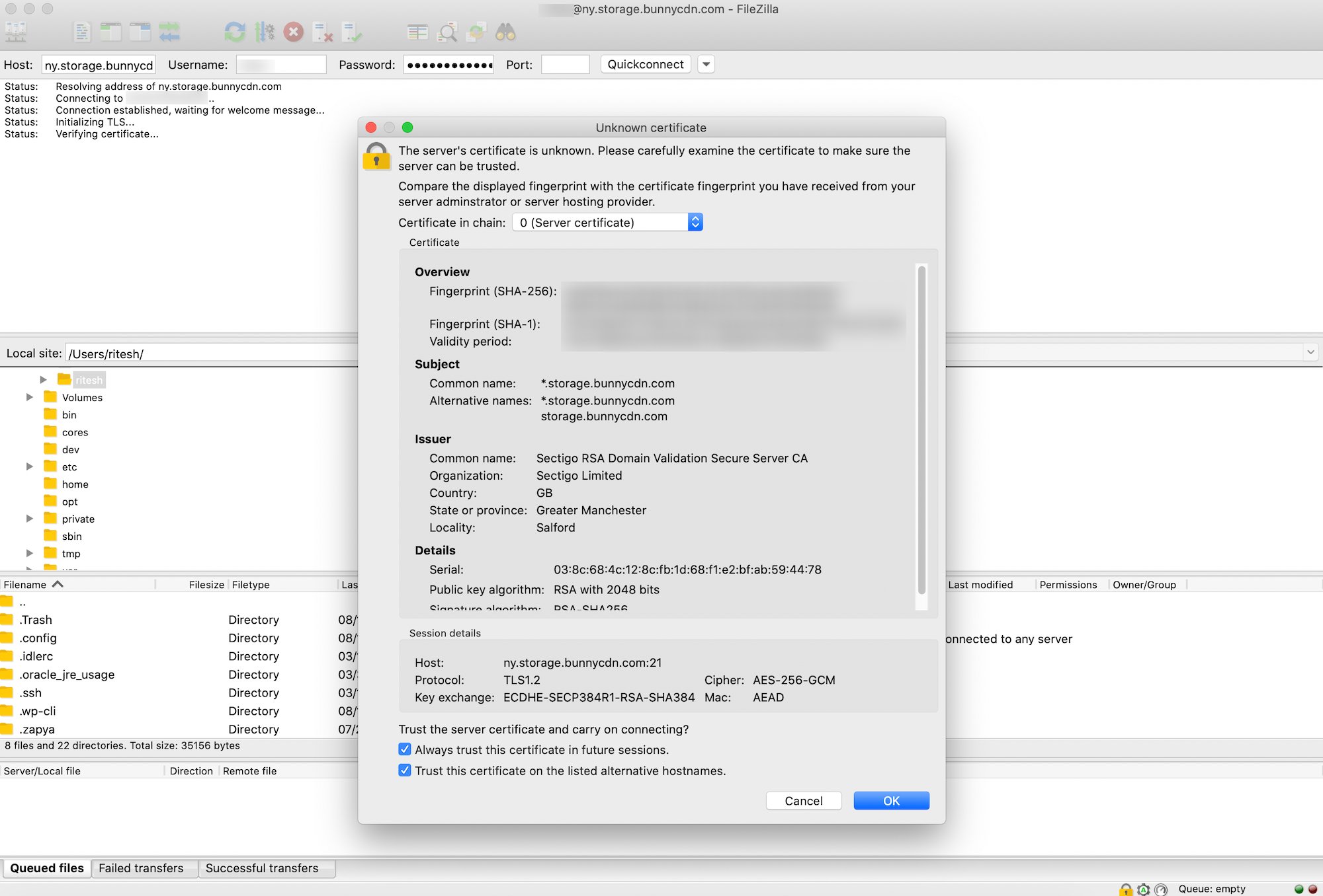 BunnyCDN FileZilla SSL Certificate