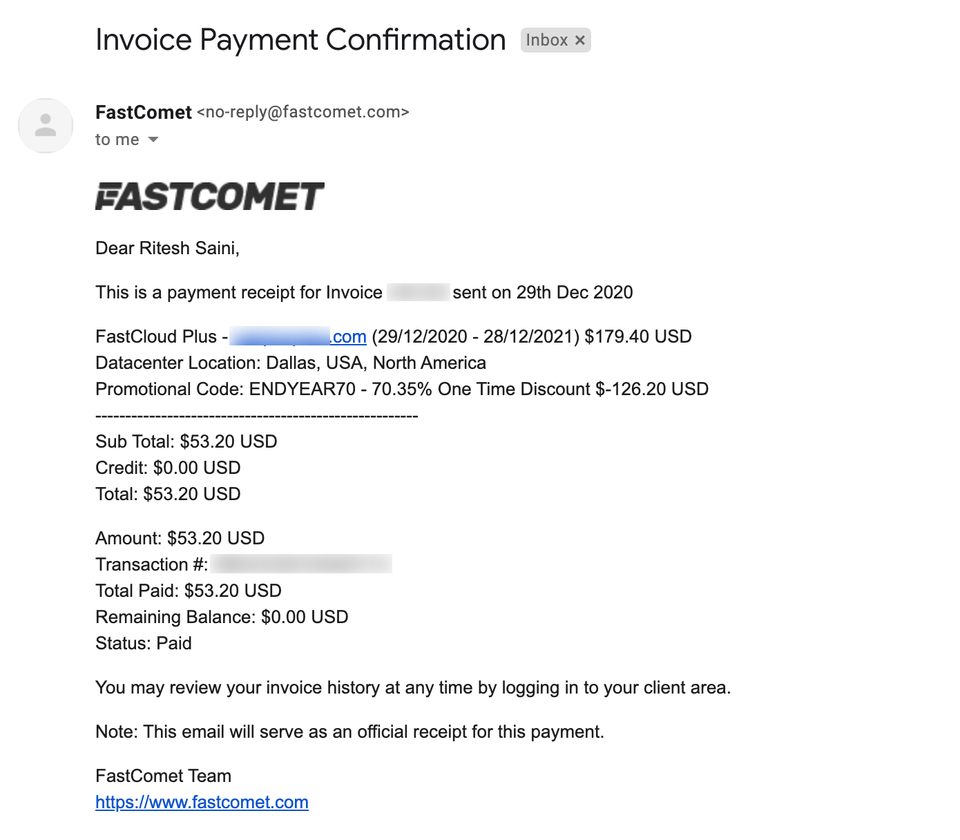 FastComet Receipt