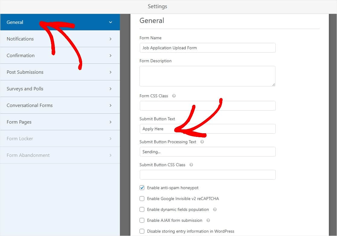 Job Application Form Settings WPForms