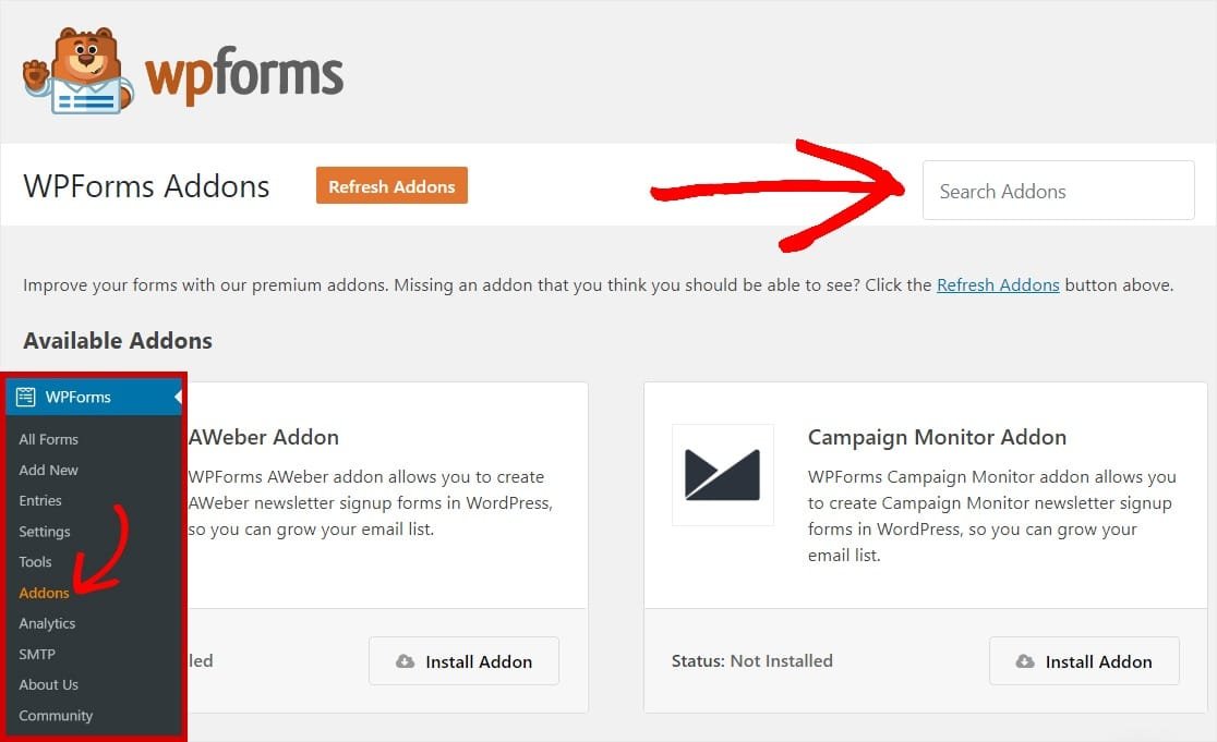 Search WPForms Addons