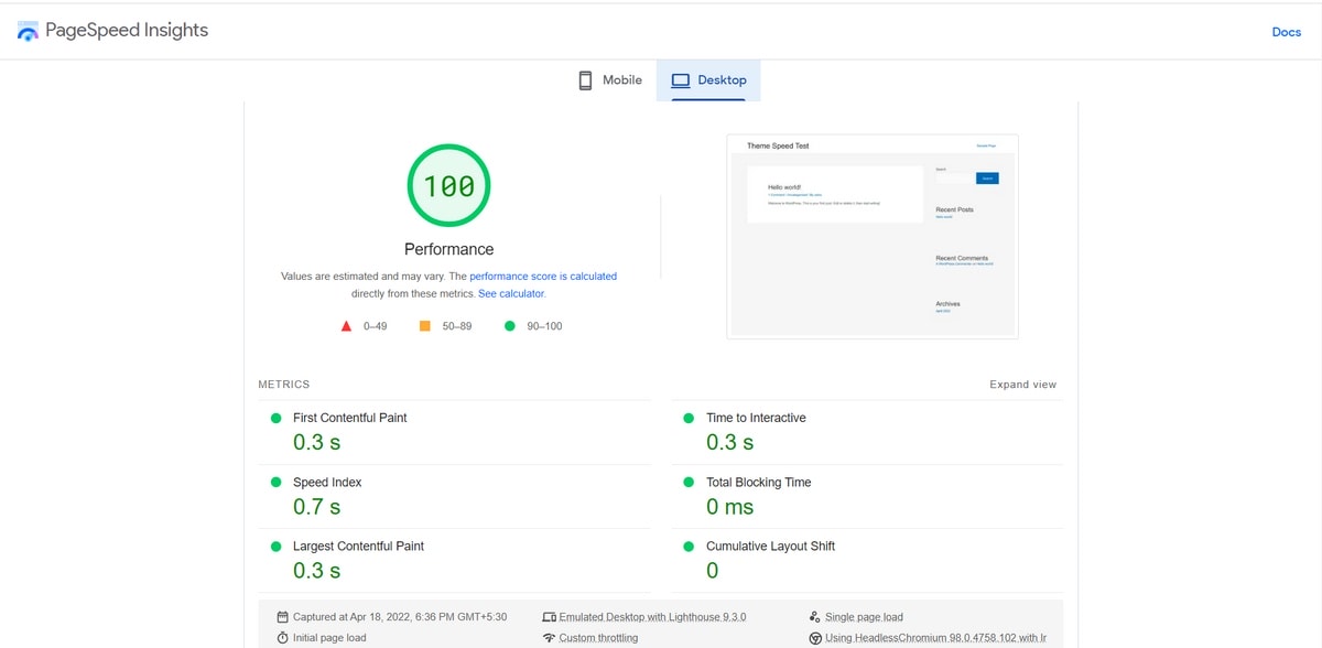 Astra Theme PageSpeed Test